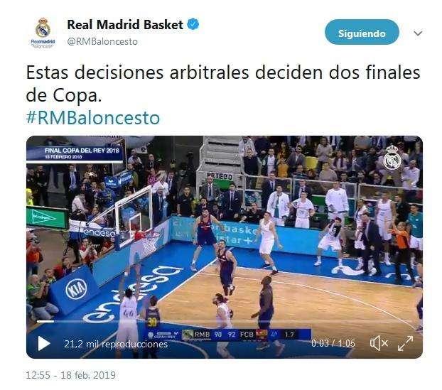 El tweet con el que el Real Madrid se queja del arbitraje en la Copa del Rey
