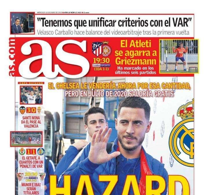 PORTADA - AS se hace eco del posible fichaje blanco: "Hazard tiene precio, 112M€"