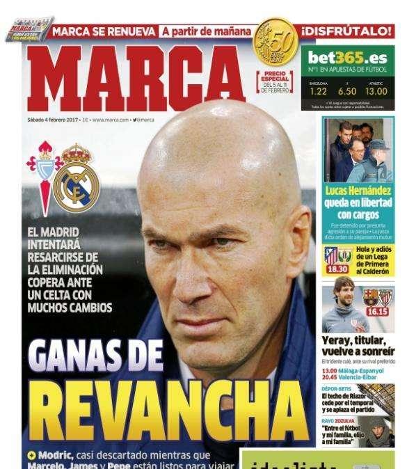 PORTADA - Marca: "Ganas de revancha: el Real Madrid intentará resarcirse de su eliminación copera ante el Celta"