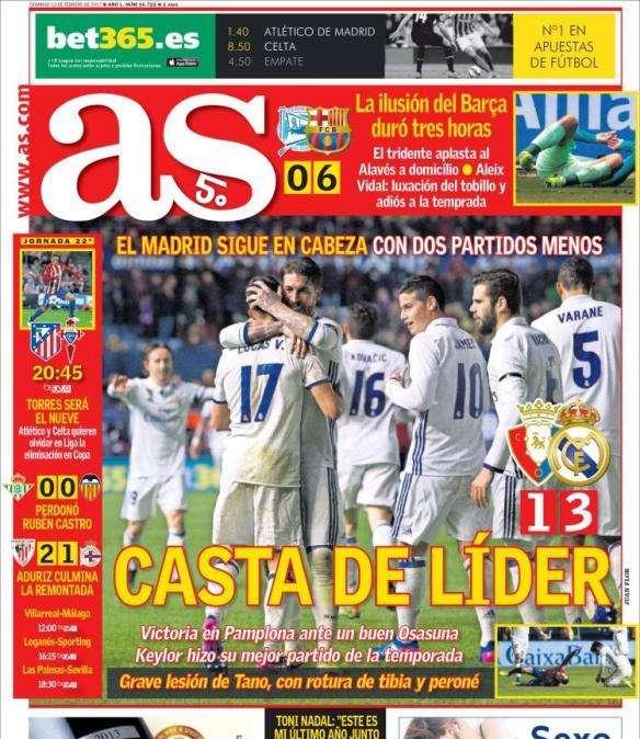 PORTADA - AS: "Casta de líder. El Madrid sigue en cabeza con dos partidos menos"