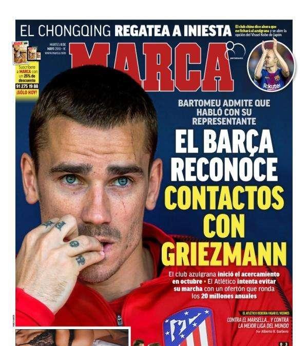 PORTADA - Marca: "El Barcelona reconoce contactos con Griezmann"
