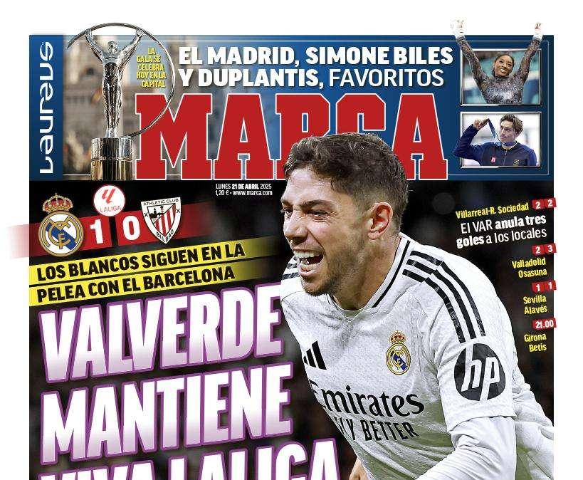 "Valverde mantiene viva LaLiga": el Real Madrid - Athletic, en la portada de Marca