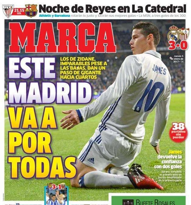 PORTADA - Marca: "¡El Madrid va a por todas! Los de Zidane imparables pese a las bajas"