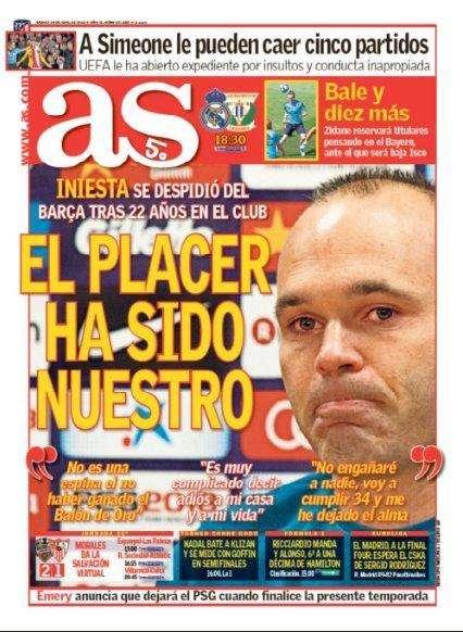 PORTADA - AS se deshace en elogios hacia Iniesta: "El placer ha sido nuestro" 