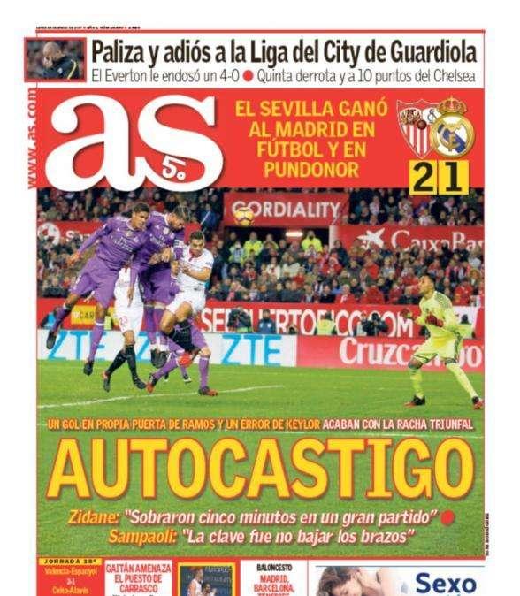 PORTADA - AS: "Autocastigo. Un gol en propia puerta de Ramos y un error de Keylor acaban con la racha triunfal"