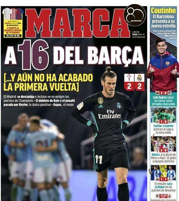 PORTADA - MARCA: "A 16 del Barcelona... y aún no ha acabado la primera vuelta"