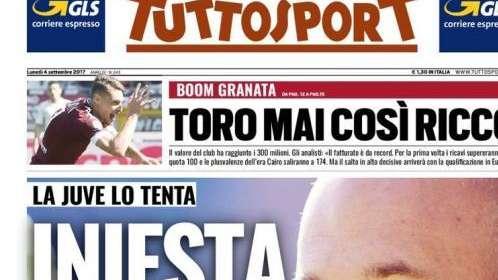 PORTADA - Tuttosport lanza una tentativa para Iniesta: "¿Quieres ser el nuevo Pirlo?"