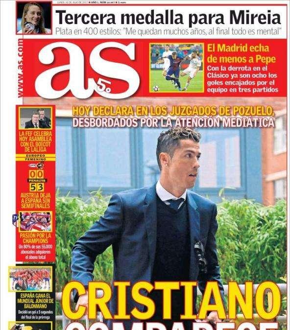 PORTADA - As se hace eco del debut de Ronaldo en el banquillo: "Cristiano comparece"