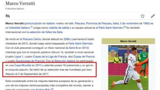 Hackean el perfil de Verratti en la Wikipedia y lo retiran tras la humillación de Isco