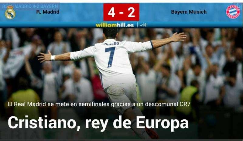 Marca: "Cristiano, rey de Europa. El Madrid se mete en semifinales gracias a un descomunal CR7"