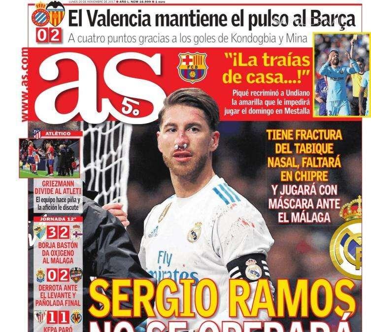 PORTADA - As informa de lo que ya sabíamos: "Ramos no se operará y jugará con máscara"