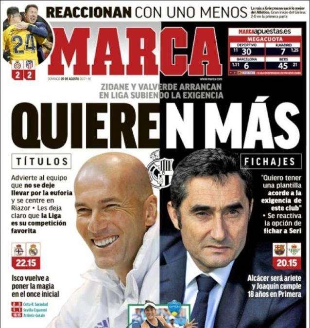 Marca destaca las ambiciones de Madrid y Barça en este inicio de Liga, títulos y fichajes: "Quieren más"