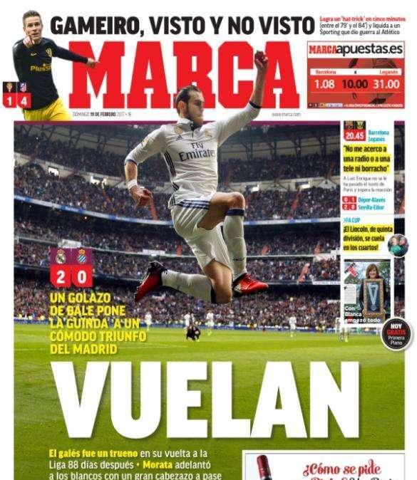 PORTADA - Marca: "Vuelan: un golazo de Bale pone la guinda a un cómodo triunfo del Madrid"