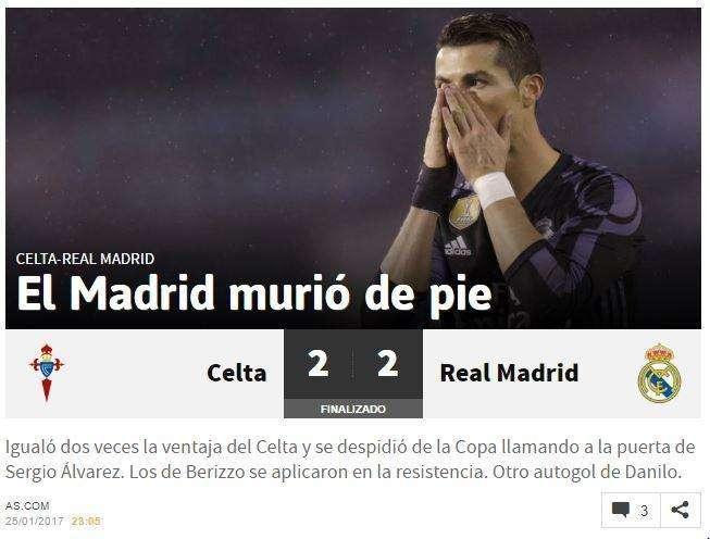 As: "El Madrid murió de pie ante un Celta que se aplicó en la resistencia"