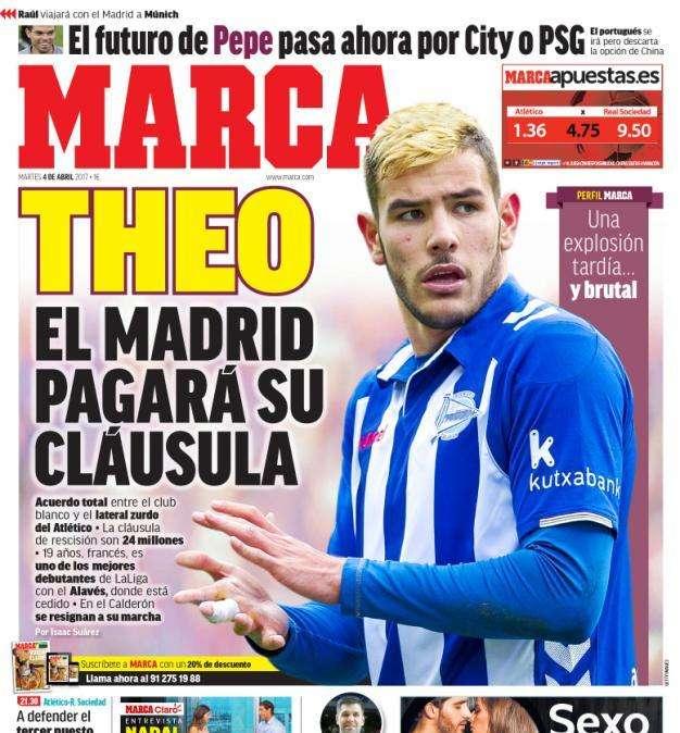 PORTADA - Marca: "El Madrid pagará la cláusula de Theo Hernández"