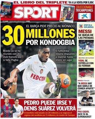 Portada SPORT: 30 millones por Kondogbia