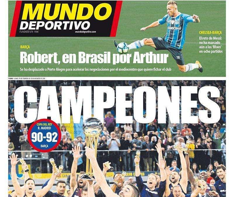PORTADA - Mundo Deportivo:  "Robert, en Brasil por Arthur" 