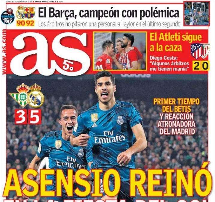 PORTADA - AS: "Asensio reinó en la fiesta del gol"