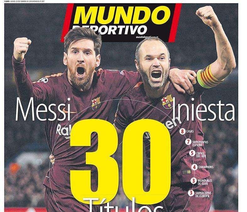 PORTADA - Mundo Deportivo: "Iniesta y Messi, 30 títulos"