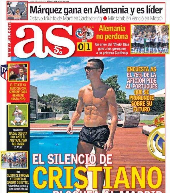 PORTADA - As se hace eco del reclamo de la afición: "El silencio de Cristiano bloquea al Madrid"