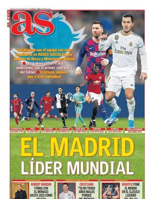 PORTADA - AS: "El Real Madrid es campeón del mundo en redes sociales"
