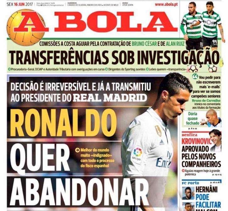 ¡Bombazo! A Bola en portada: "Cristiano quiere abandonar España"