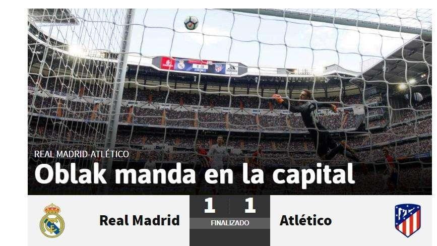 AS, destaca al portero atlético - "Oblak manda en la capital"
