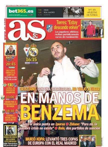 PORTADA - As: "Sin Cristiano ni Bale, el Madrid en las manos de Benzema"