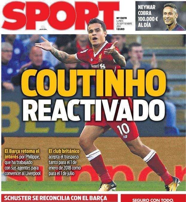 PORTADA - Sport destaca el interés retomado por un fichaje frustrado: "Coutinho reactivado"