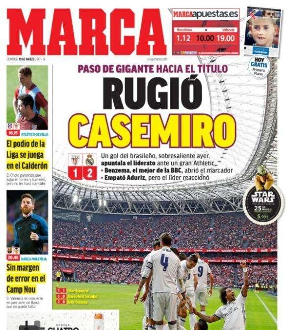 PORTADA - Marca: "Rugió Casemiro: el Madrid da un paso gigante hacia el título"