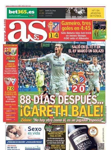 PORTADA - As: "88 días después... ¡Gareth Bale! Salió en el 71' y en el 83' marcó un golazo"