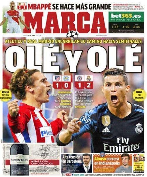 PORTADA - Marca: Olé y olé: Atlético y Real Madrid encarrilan su pase a semifinales