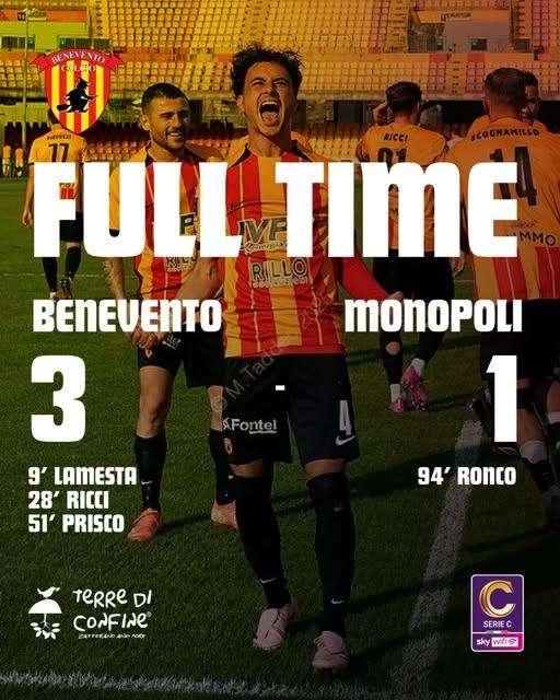 Benevento-Monopoli 3-1, la Strega vince al Vigorito