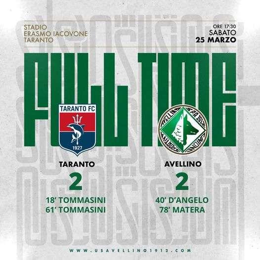 Taranto-Avellino 2-2, solo pari per i biancoverdi allo Stadio Iacovone
