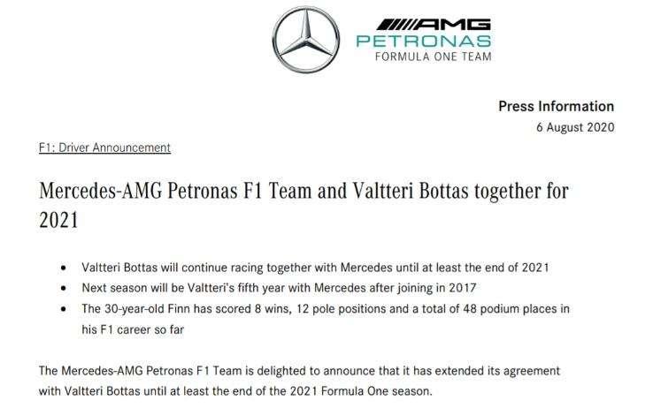 F1 / Mercedes, ufficiale: Bottas rinnova anche per il 2021