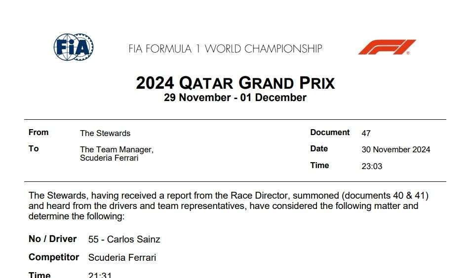 F1 | UFFICIALE, penalità Sainz: la Ferrari n° 55 è salva. Il comunicato
