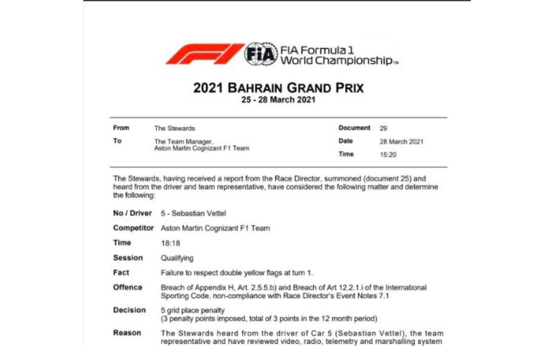 Formula 1 / Ufficiale: penalizzato Vettel. Il tedesco dell'Aston ha violato le bandiere gialle