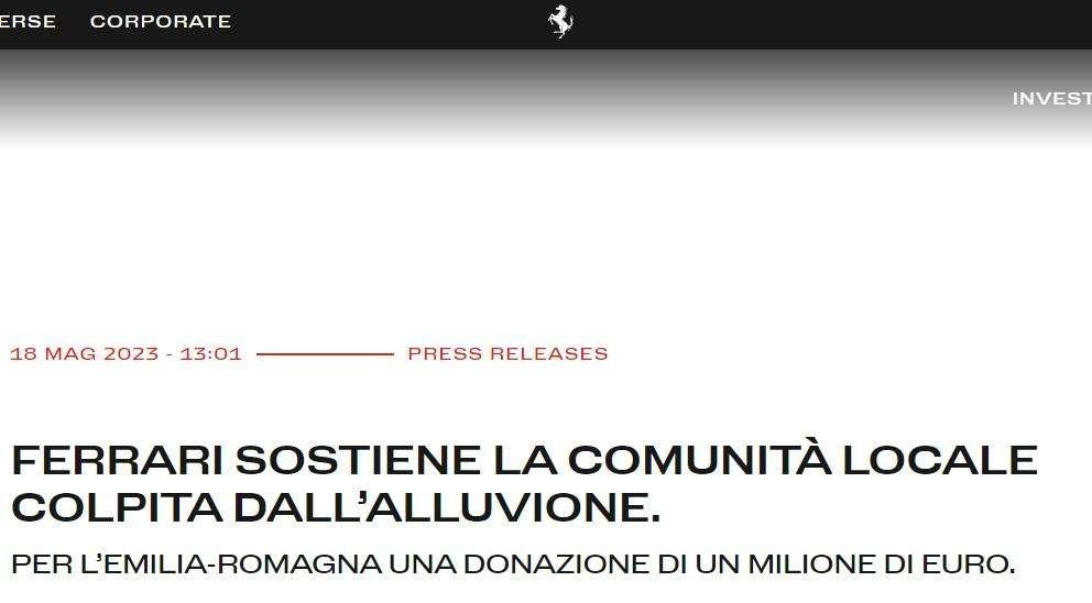 F1 | Ferrari dona 1 milione di euro per l'Emilia-Romagna: il comunicato