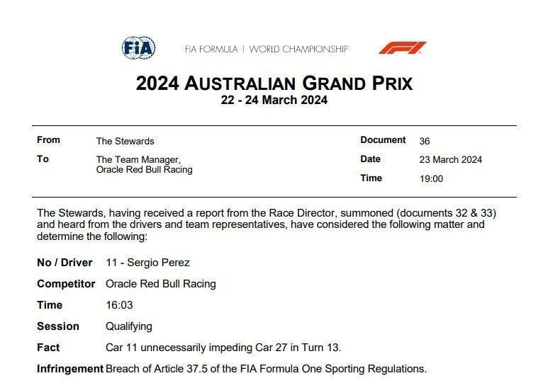 UFFICIALE | F1, penalità per Perez: la sua Red Bull retrocede in griglia