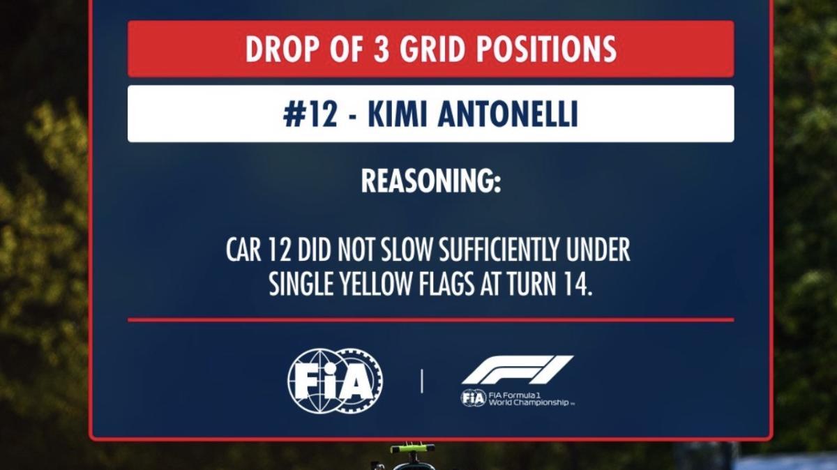F1 | Antonelli penalizzato: tre posizioni di penalità per bandiere gialle non rispettate