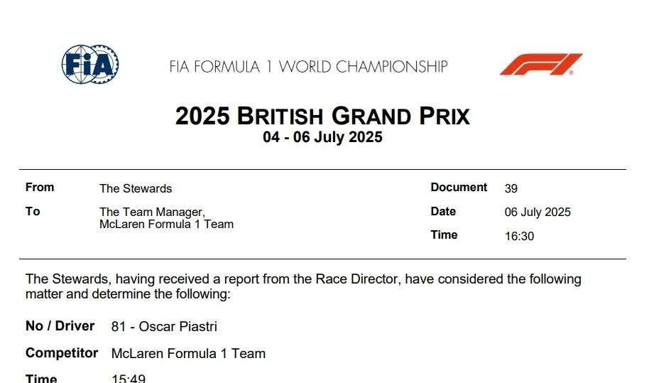 F1 | UFFICIALE, penalità Piastri a Silverstone: la spiegazione FIA