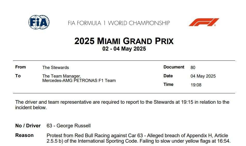 F1 | Russell convocato: protesta Red Bull, rischio penalità a Miami