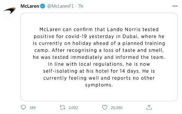 F1 / Covid-19, positivo Norris: il pilota McLaren ha perso gusto e olfatto
