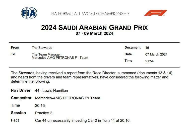 F1 | UFFICIALE - Impeding Hamilton su Sargeant, Mercedes multata