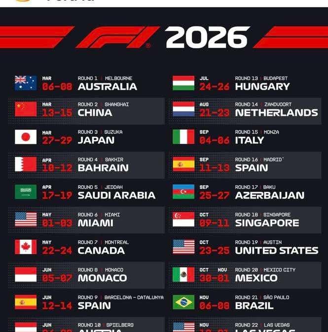 F1 | Calendario 2026 ufficiale: le date e l'ordine dei 24 gp