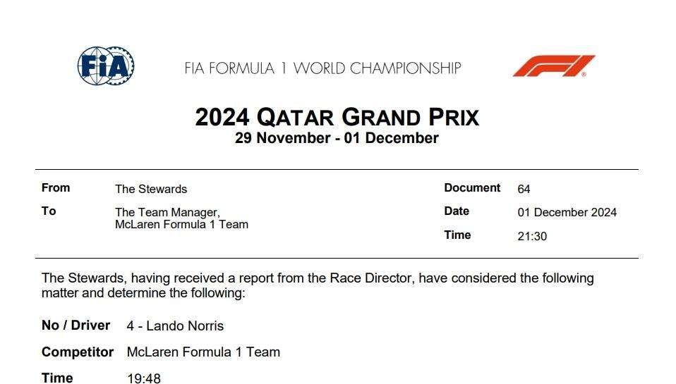F1 | Comunicato Ufficiale: la FIA spiega la penalità di Norris (anche 3 punti sulla patente)