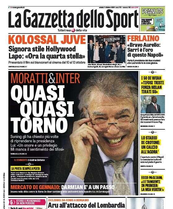 Prima GdS - Moratti&Inter: "Quasi quasi torno, manca il sentimento dei tifosi". Mercato: Darmian a un passo