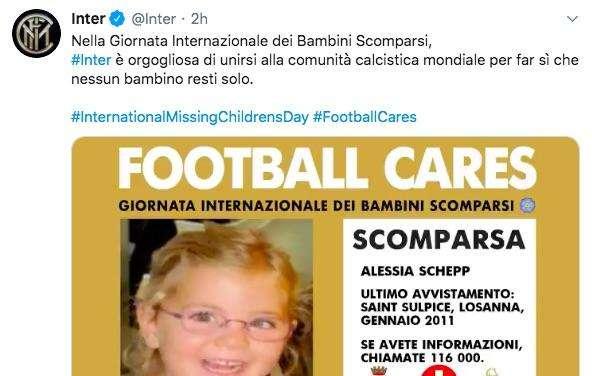 Giornata Internazionale dei Bambini Scomparsi: l'impegno dell'Inter "per far sì che nessun bambino resti solo"