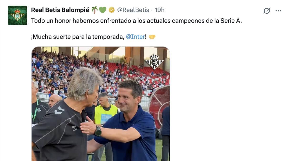 Il Betis ringrazia l'Inter: "Un onore affrontare i campioni d'Italia"