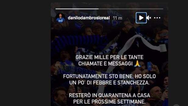Covid-19, D'Ambrosio: "Fortunatamente sto bene, ho solo un po' di febbre e stanchezza. Grazie mille a tutti"